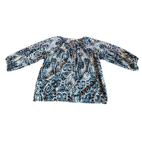 CHICO'S chicos Size 2 Large IKAT SCOOP NECK FRONT PEASANT boho bohemian blue - Picture 9 of 13